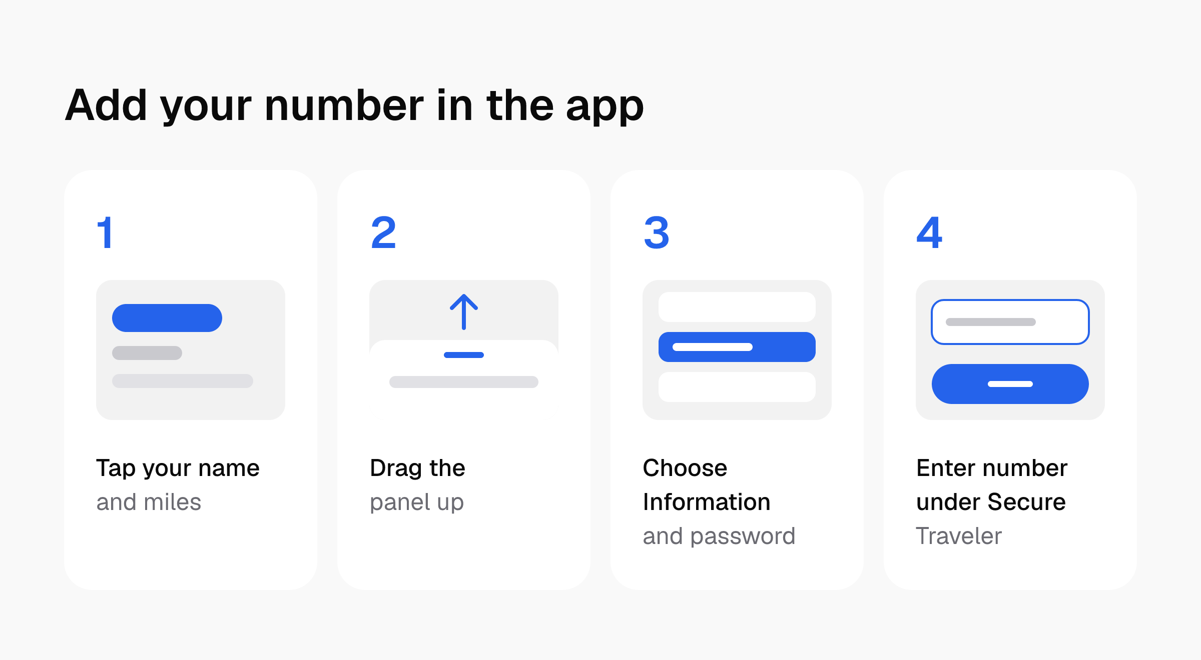 Four steps in the American app: tap your name and miles, drag the panel up, choose Information and password, then enter the Secure Traveler number and save.